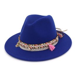 Fashion Unisex Wide Brim Wool Felt Fedora Hats with Ethnic Braided Ribbon Jazz Cap Retro Panama Style Formal Hat Trilby311l