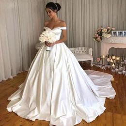 Simple Satin Off The Shoulder Wedding Dresses Sweep Train Cheap Bride Dress Long Plus Size Wedding Gowns Vetidos de novia