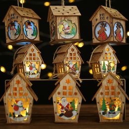 Led Light Wooden House Christmas Tree Decoration Elk Santa Clause Snowman Hanging Pendant Merry Christmas Decor for Home