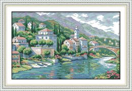 River town home decor painting ,Handmade Cross Stitch Embroidery Needlework sets counted print on canvas DMC 14CT /11CT