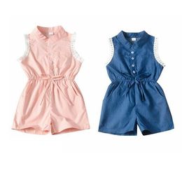 Kids Designer Clothes Baby Girls Lace Rompers Summer Sleeveless Denim Jumpsuit Children Fashion Onesies Bodysuits Climb Suits Clothes CYP695