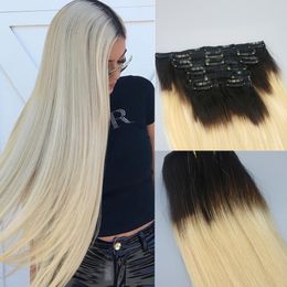 120g 7Pcs Human Hair Extensions T1b/613 Ombre Colour Black To Russian Blonde Clip In Human Hair Extensions Highlights