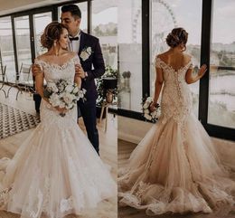 Vintage Country Cheap Off Shoulder Champagne Mermaid Wedding Dresses Lace Appliques Tulle Crystal Beaded Corset Back Formal Bridal Gowns