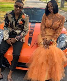 Afrikanische 2019 orange Nixe-Abschlussball-Kleider mit Rüschen besetzte Röcke Applikationen Bloße lange Ärmel Tiefer hohe Ansatz Abendkleider Empfang Kleid