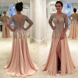 Sexy Elegant Deep V Neck Stunning Crystals Beading Chiffon A Line Prom Dresses With Long Sleeves Sexy Open Back Side Split Evening Dresses