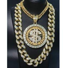 Hip Hop Men Necklace Gold Sliver Ice Out Cuban Crystal Miami Dollar Sign Rock Pendant Set 2CM Bling Rapper Jewellery For Men