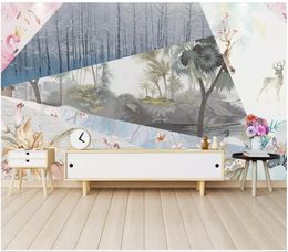Custom large-scale mural 3d photo wallpaper Nordic fresh hand painted Watercolour flowers flamingo living room background wall stickers