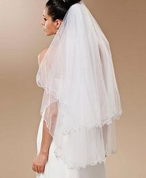 Hot Luxury Best Selling Amazing Elegant Real Picture Two Layer Beaded Edge Wedding Veils Champagne White Ivory Fingertip Length Alloy Comb