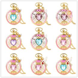 Fashion Modern Heart Shape Crystal Japan Anime Cardcaptor Cosplay Women's Analog Quartz Pocket Watch Girl Watches Necklace Chain