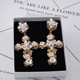Fashion- Design Baroque Ceramic Cross Stud earrings for women Fashion Punk jewelry Crystal Flower statement earrings Brincos Bijoux