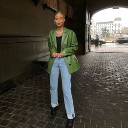 Fashion- New Designer Green Leather Jacket Women Single Breasted Turn Down Collar Coat Female Fashion Slim Long Leather Coat