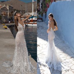 lian rokman wedding dresses plunging neck backless mermaid bridal wedding gowns sweep train country lace robe de mariage with appliques