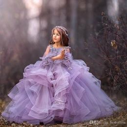 2020チュールラベンダーフラワーガールドレスビーズの小さな女の子のページェントドレス長袖プリンセス子供のウェディングガウンフラワーガールドレス