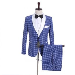 Custom Designe Blue White Dot Groom Tuxedos Shawl Lapel Groomsmen Men Wedding Dress Fashion Man Jacket Blazer Suit(Jacket+Pants+Vest+Tie)70