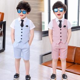 Suit for School Kids Flower Boys Birthday Party Tuxedo Formal Vest+White shirt tie+ Pants Children Piano Prom Performance Costu