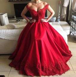 New Red A Line Prom Dresses Off Shoulder Lace Applique Sequins Beaded Floor Length Zipper Evening Gowns Long Formal Party Gowns Custom