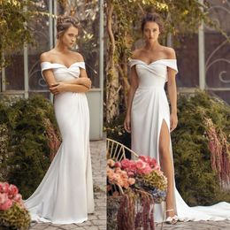 Mermaid Lihi Hod Split Dresses Off the Shoulder Satin Long Bridal Gowns Plus Size Elegant Wedding Dress