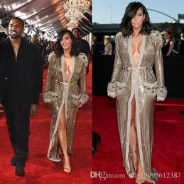 2019 New Grammy Kim Kardashian Shiny Gold Sequins Celebrity Red Carpet Dresses Long Sleeves Beads Front Slit Evening Dresses 115