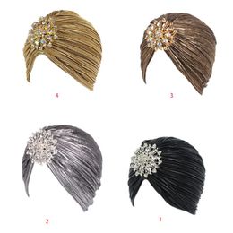 Fashion Women Turban Hat Head Wrap Lady Female Outdoor Casual Pleated Soft Velvet Hair Cover Cap with Brooch 4 Styles