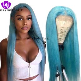 13*4 High quality light blue Hair Synthetic straight long Lace Front Wig for black /African Woman