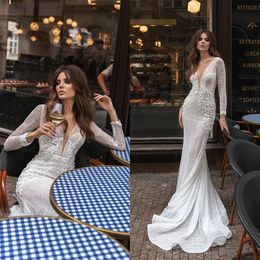 modern long sleeve wedding dresses deep v neck lace appliqued mermaid bridal wedding gowns elegant robe de mariee custom made