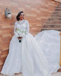 2020 Plus Size Arabic Aso Ebi Cheap Lace Beaded Wedding Dresses Long Sleeves High Neck Bridal Dresses Vintage Wedding Gowns ZJ306