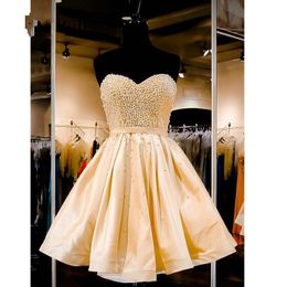 Sweety Champagne Pearls Beaded Short Prom Dresses Cheap 2020 Strapless Corset Back Draped Homecoming Dress robes de soiree Cocktail Party