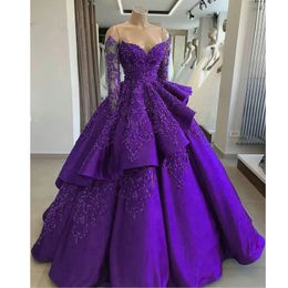 Gorgeous Evening Dress with Lace Appliques Beads Long Sleeves Women Floor Length Ball Gown robe de soiree