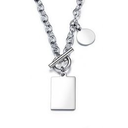 Free Custom Engraving Toggle Clasp Blank Rectangle Bar and Circle Charm Pendant Necklace in Stainless Steel Gerometric Charm