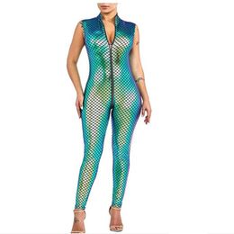 14 Colors Mermaid Cosplay Costume Colorful Sleeveless Jumpsuit Fish Scale Print Nightclub Catsuit Front Zipper To Crotch Romper