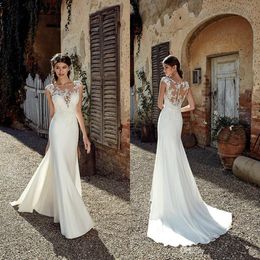 Eddy K Bridal Gowns Scoop Neck Satin Mermaid Bohemia Wedding Dresses 2020 Cap Sleeves Tulle Lace Applique Wedding Dress