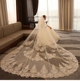 Shining Sequined Wedding Veils 3M Long Chapel Length One Layer Lace Edge Tulle Appliqued Bridal Veil For Women Hair Accessories