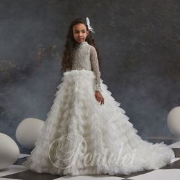 Sparkling Long Sleeves Lace Flower Girl Dresses For Wedding High Neck Sequined Toddler Pageant Gowns Tulle Tiered Kids Prom Dress