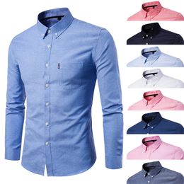 New Mens Shirs Long Sleeve Casual Shirts Cotton Oxford Woven Fabric Lapel Solid Color Fashion Business Shirt Clothing Large Size M256R