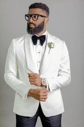 Brand New Men Suits White Pattern and Black Groom Tuxedos Shawl Satin Lapel Groomsmen Wedding Best Man 2 Pieces ( Jacket+Pants+Tie ) L455