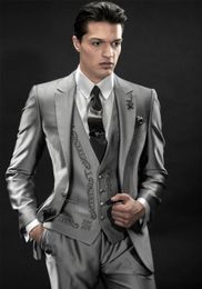 Embroidery Groomsmen Notch Lapel Groom Tuxedos Shiny Grey Men Suits Wedding/Prom/Dinner Best Man Blazer ( Jacket+Pants+Tie+Vest ) K207