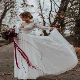aline wedding dresses high vneck long sleeve appliqued lace wedding gown boho sweep train custom made robes de marie cheap