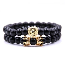 2 Layers mens Punk Lion Crown Metal natural agate Beaded Bracelet kit Cuff Charm Bangle Bracelet Gold Silver jewelry