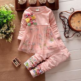 Toddler Kids Baby Girls Clothes Top T-Shirt Dress Bow Floral Mesh Long Sleeve Top Plus Pants Babys Clothes Suit