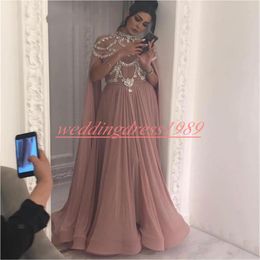 Trendy Beads Crystal Evening Dresses With Wrap Dubai Chiffon Arabic Formal Guest Dress Pageant Celebrity African Plus Size Prom Party Gowns
