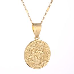Fashion Women Gold Color Chinese Dragon Pendant Necklace Trendy Round Pendant Jewelry