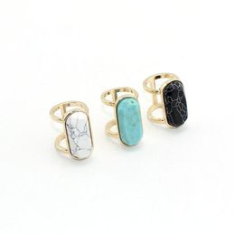 Fashion White Blue Turquoise Ring for Women Jewellery Gold Colour Natural Stone Geometry Oval Kallaite Howlite Black Ring