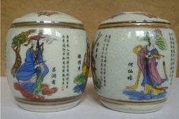 1 Pair Old Handwork Jingdezhen Porcelain Painting Eight Immortal Storage Pot