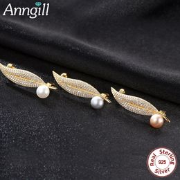 Wholesale-Natural Pearl Gold Color Leaf Brooches Pins Real Sterling Silver 925 Women Brooch Wedding Clothes Accessories Jewelry