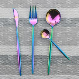 304 Stainless Steel Mirror Cutlery Colorful Knife Fork Spoon Tea Spoon Tableware Dinner Set Purple Western Dinnerware Blue Flatware Set