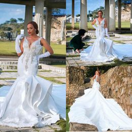 African Plus Size Wedding Dresses V Neck Lace Appliques Beads Vestidos De Novia Sweep Train Custom Made Country Wedding Dress Backless