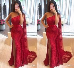 Red Elegant One Shoulder Mermaid Dresses Tulle Lace Applique High Split Slit Sweep Train Formal Party Prom Dress Evening Gowns 330 330