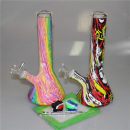 New Design Glass Water Pipes Bongs hookah with watertransfer printing 14mm Joint Beaker Bong dab Oil Rigs bubbler with dabber tool silicone container mat