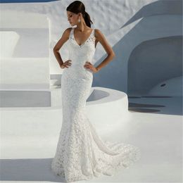 White Lace Mermaid Wedding Dresses V Neck Backless Sweep Train Wedding Gowns Vestidos De Noiva Buttons Back Bridal Dress