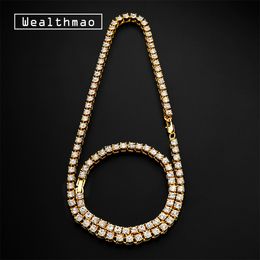 5mm Men's Hip Hop Bling Bling Iced Out Tennis Chains 1 Row Rhinestone Necklaces Silver Gold Color Chain Necklace Bracelet Set